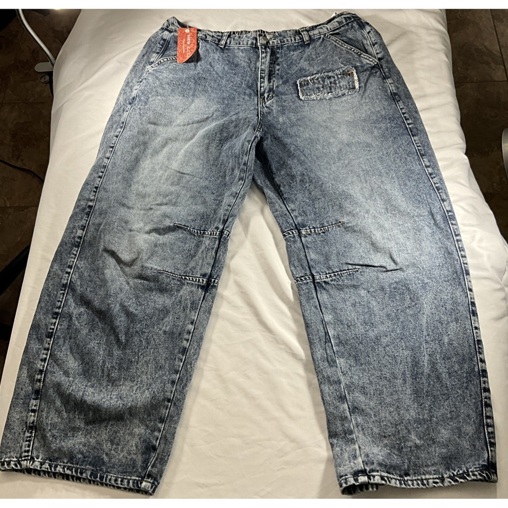 SHEIN Baggy Wide Leg Stretchy Waist Distressed Medium Washed Denim Jeans 3XL